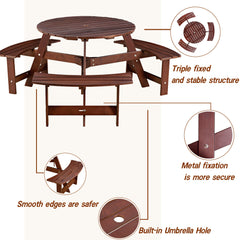 6-person circular picnic table with 3 built-in benches, umbrella holes, outdoor tables and chairs brown bench set