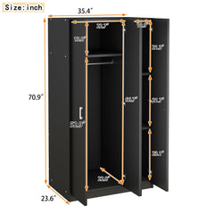 3 Door Wardrobe with Mirror, Armoire with Hanging Rod and 3 Fixed Shelves,Black