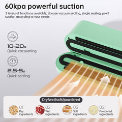 Beige cordless 3 - in - 1 food sealer. For dry/moist food, 4 bags. Seals chip bags, inflates items.