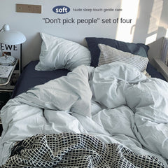 Solid Color Simple Four-Piece Set Flannel Quilt Cover INS Style Quilt Cover Dormitory Summer Washed Cotton Bedding Three-Piece Set