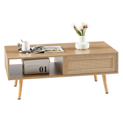 41.34" Rattan Coffee table sliding door for storage solid wood legs Modern table for living room  natural