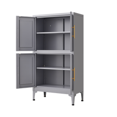 Grey metal kitchen storage cabinet, kitchen pantry storage cabinet with door and shelf, adjustable leveling feet