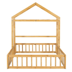Wooden Full Size Children's Bed with Detachable Headboard and Integrated Clothes Drying Rack, Natural