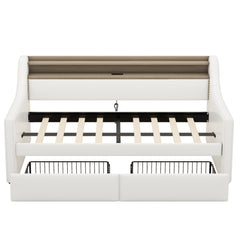 Twin Size Daybed with Drawers, Upholstered Daybed with Charging Station and LED Lights, White