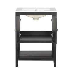 24" Black Modern Sleek Bathroom Vanity Elegant Ceramic Sink with Solid Wood Frame Open Style Shelf