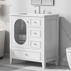 30" Bathroom Vanity with Sink, Bathroom Vanity Cabinet with Three Drawers and Door, Solid Wood and MDF, White