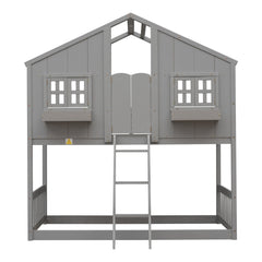 Twin over Twin House Bunk Bed with Roof , Window, Window Box, Door , with Safety Guardrails and Ladder, Grey