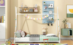 Metal Twin Size House Platform Bed with Triangle Structure  White