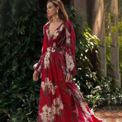 Winter New  Style V-Neck Long Sleeve Four-Way Stretch Printed Flared Dress