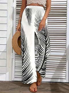Fashionable and elegant striped leaf positioning printed wide leg pants for women