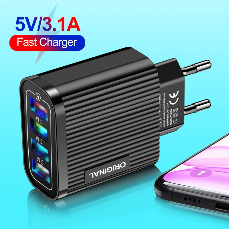 Luminous 4 USB mobile phone charging head, European and American standard travel charger, striped USB smart tablet charger