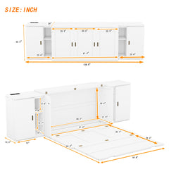 Queen Size Murphy Bed with Shelves, Cabinets and USB Ports,White