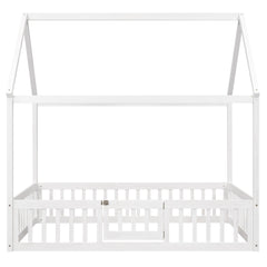 Full Size Wood House Bed with Fence and Door White Wash
