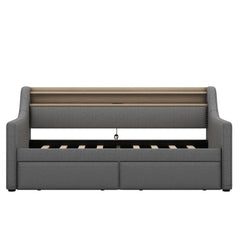 Twin Size Daybed with Storage Drawers, Upholstered Daybed with Charging Station and LED Lights, Gray