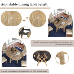 TREXM 5-Piece Farmhouse Dining Table Set Wood Round Extendable Dining Table and 4 Upholstered Dining Chairs (Natural Wood Wash)