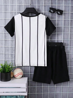 Children's Round Neck Contrast Striped T-Shirt and Shorts Set