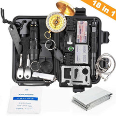 Military-grade outdoor travel survival kit with mini camping tools, emergency bracelet, whistle, blanket and knife.