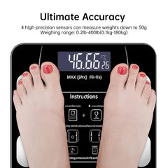 Bluetooth smart scale with app, full-body analysis, iOS/Android, 180kg, high-precision for fitness.