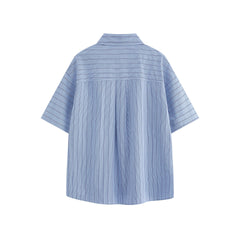 Patch striped casual loose silhouette short sleeved shirt for men