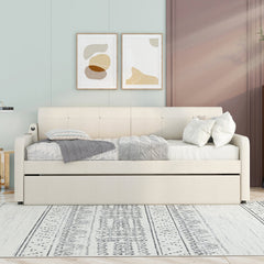 Twin Size Upholstery Daybed with Trundle and USB Charging Design Trundle can be flat or erected Beige