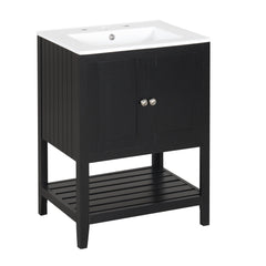 24" Black Modern Sleek Bathroom Vanity Elegant Ceramic Sink with Solid Wood Frame Open Style Shelf