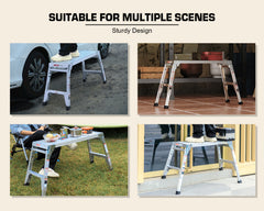 Aluminum Work Platform Large Size Step Stool Folding Portable Work Bench 40" Width Telescopic Feet 22" -27.5" Height Adjustable