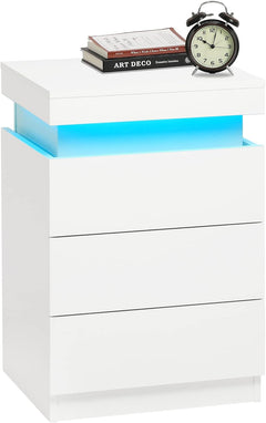 LED White Nightstand With 3 Drawers, Modern Multi-Colour LED Night Table Bedside Tables for Bedroom, Living Room