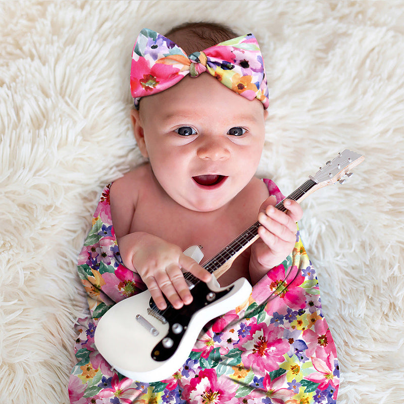 Newborn Photography Wrap Bow Hair Band Wrap Towel Set Baby Flower Blanket 2 Piece Set