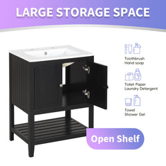 24" Black Modern Sleek Bathroom Vanity Elegant Ceramic Sink with Solid Wood Frame Open Style Shelf