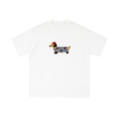 Sausage Dog Flocking Embroidery Short Sleeve T-Shirt Unisex INS Casual Loose Pure Cotton Top Summer Tee Street Fashion