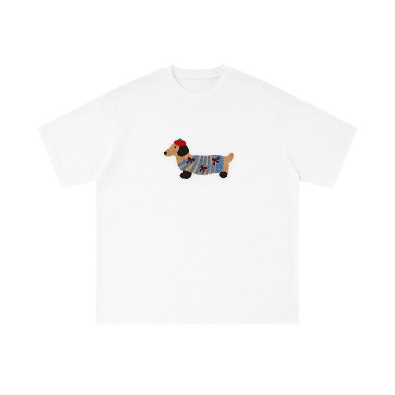 Sausage Dog Flocking Embroidery Short Sleeve T-Shirt Unisex INS Casual Loose Pure Cotton Top Summer Tee Street Fashion