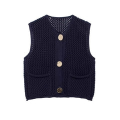 Street Fashion Crochet Hollow Vest Solid Color Versatile Round Neck Jacket