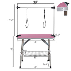 36 inch folding pet grooming table with stainless steel frame and rubber pad, equipped with adjustable armrests and clips (pink)