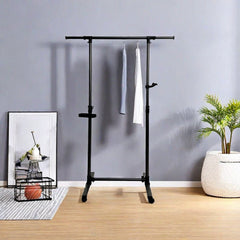 Short clothes hanger with chassis and wheels, heavy-duty rolling clothes hanger, black
