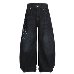 Streetwear High Street Letter Print Slash Denim Trousers Men's Work Pants Washed Vintage Loose Wide Leg Floor-Length Pants