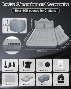 Umbrauto 29.53in/75cm Wide Car Air Mattress – Inflatable SUV, Truck & Van Back Seat Camping Bed with Pump & Pillows, Gray
