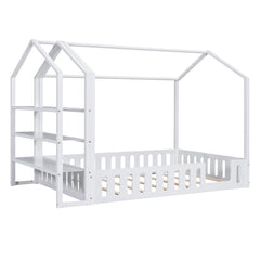 Full Size Wood House Bed with Fence and Detachable Storage Shelves, White