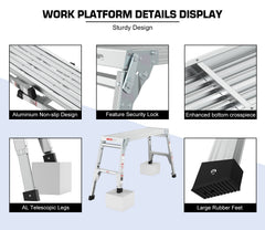 Aluminum Work Platform Large Size Step Stool Folding Portable Work Bench 40" Width Telescopic Feet 22" -27.5" Height Adjustable