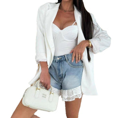 European and American Style Straight Jeans Splicing Lace Women's Shorts Summer Loose Slimming Straight Sexy Women's Shorts