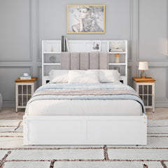 Multi-functional Full Size Bed Frame with 4 Under-bed Portable Storage Drawers and Multi-tier Bedside Storage Shelves White