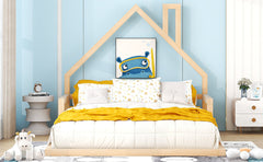 Full Size Wood Floor Bed with House-shaped Headboard  Natural