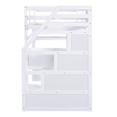 Twin Size Loft Bed with Desk and Shelves  Two Built-in Drawers  Storage Staircase White
