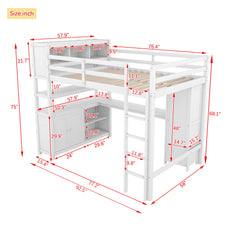 Wood Loft Bed with Cabinet and Bookshelf, Full Size Loft with Wardrobe and Desk for Kids,White
