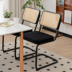 Dining Chairs Set of 2 velvet wicker side decorative chairs, black painted legs, modern medieval Bruell designed chairs,