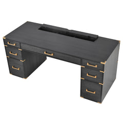 70 inch classic and traditional executive desk with metal trim, writing desk with 2 file drawers, USB ports, and sockets, black
