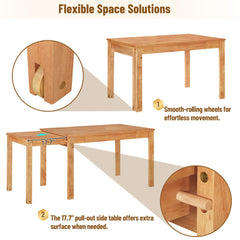 TOPMAX 65 "5-piece set with wheels, expandable dining table set, 17.7" pull-out side table and small dining chairs, natural