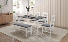 TOPMAX 6-Piece Wood Dining Table Set Kitchen Table Set with Upholstered Bench and 4 Dining Chairs, Farmhouse Style Gray+White