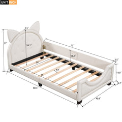 Twin Size Upholstered Daybed with Carton Ears Shaped Headboard  White