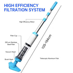 Rechargeable hand pool vacuum for spas/hot tubs/small pools, with auto immersion detector & bristle nozzle.