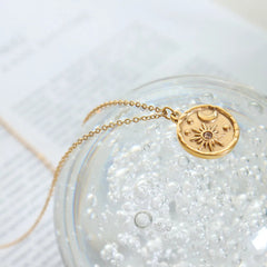 Zircon Star Moon Romantic Necklace Titanium Steel Gold Plated Round Pendant Neck Chain